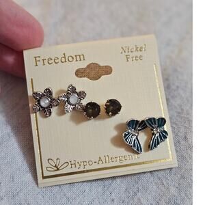 NEW! Freedom 3PC Set of Stud Earrings ~ Nickel Free ~ Flower Butterfly